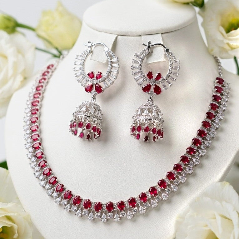 Silver-Tone American Diamond Necklace & Hanging Jhumka Earrings Set