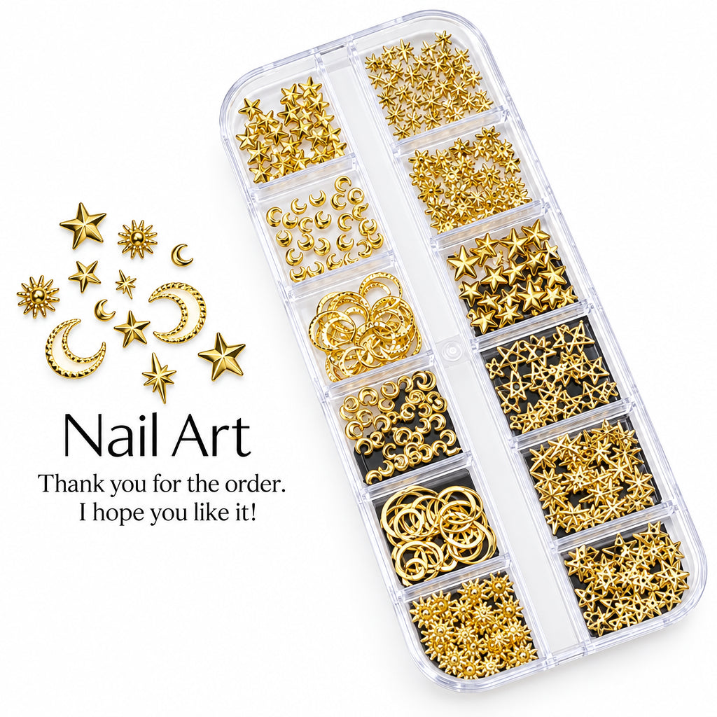 Y2K Style Gold Star & Heart Sequin Nail Art Decorations Set