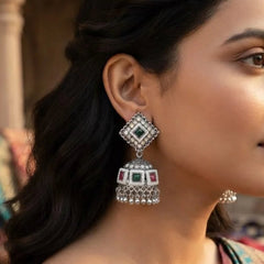 Oxidized Silver Multi Color Stone Jhumkas