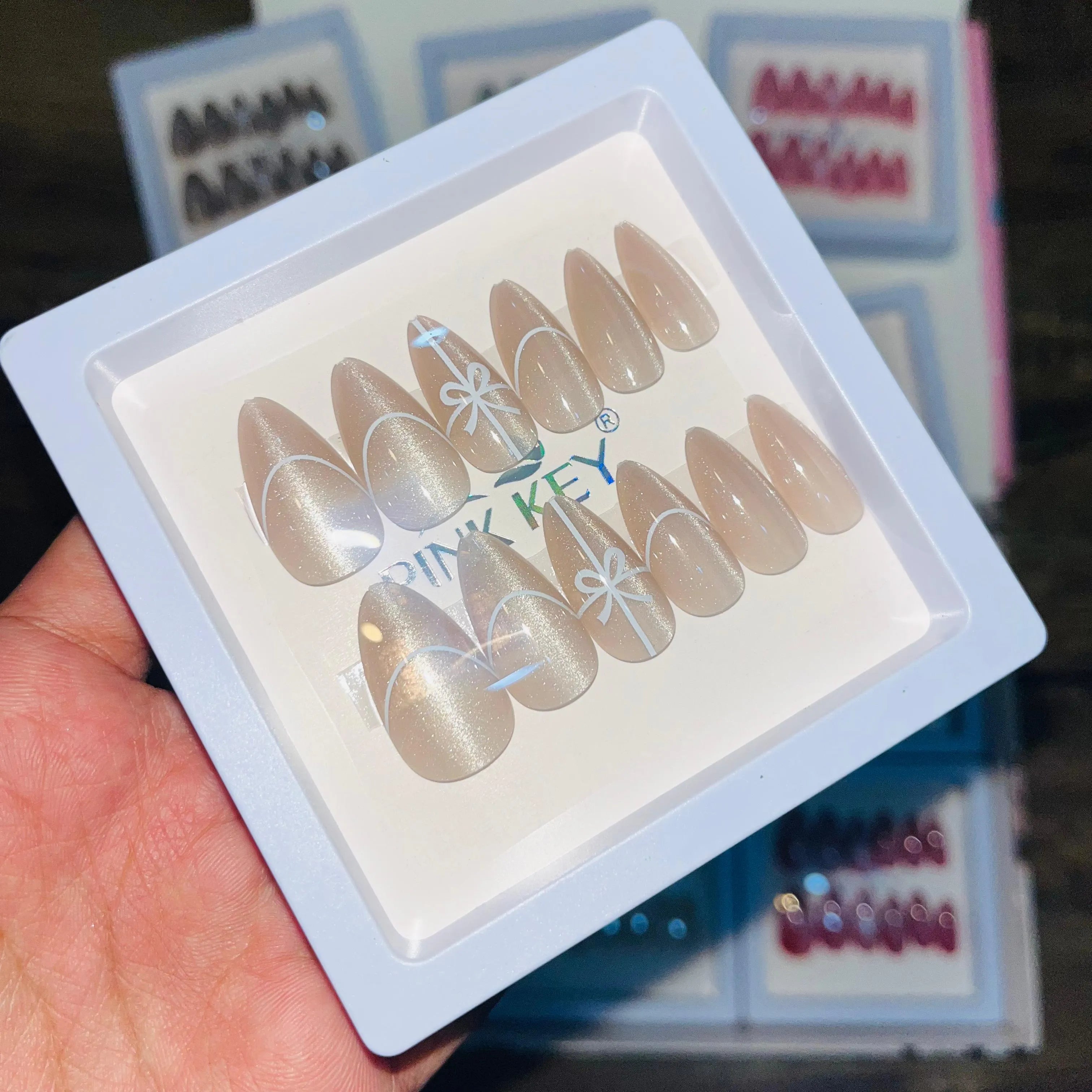 Pink key Stylish Cute Bow Salon Look Artifical Nails With Free Stickers (12 Pcs)