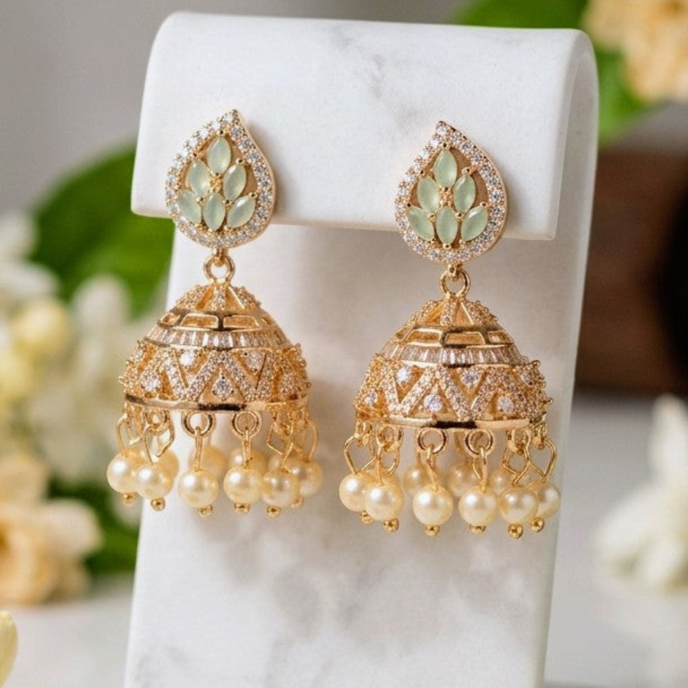 Silver-Toned Cubic Zirconia Jhumka Earrings with Pearl Danglers