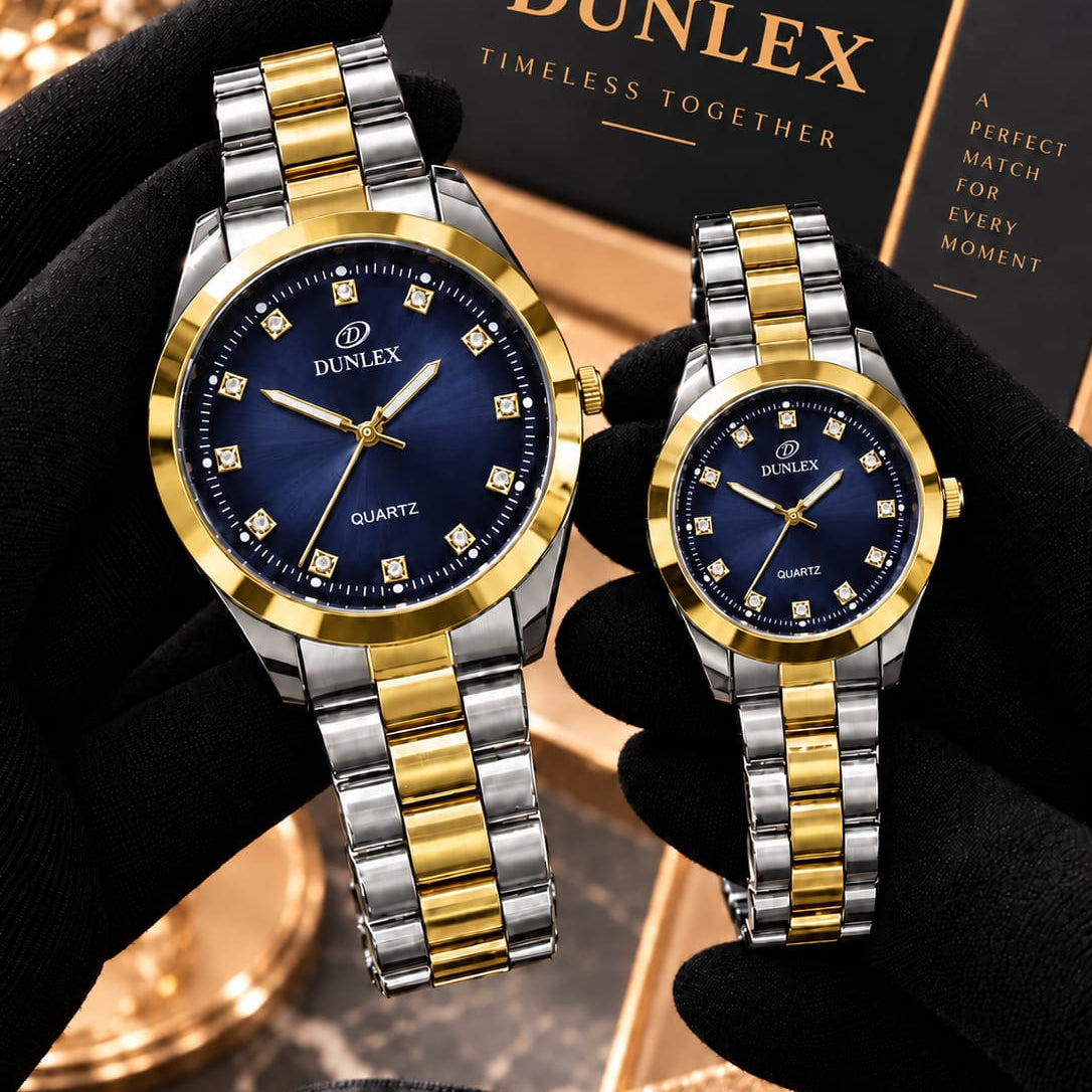 DUNLEX Luxury Couple Watch Pair Set – Brass Case, Steel Chain, Colorful Nugina Dial & Push-Button Lock