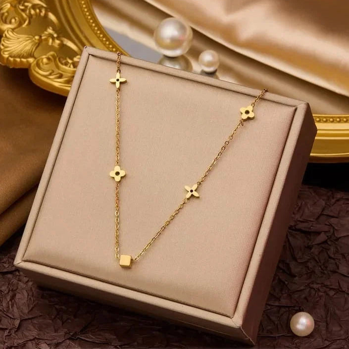 Gold Clover & Square Bead Charm Station Necklace - Each
