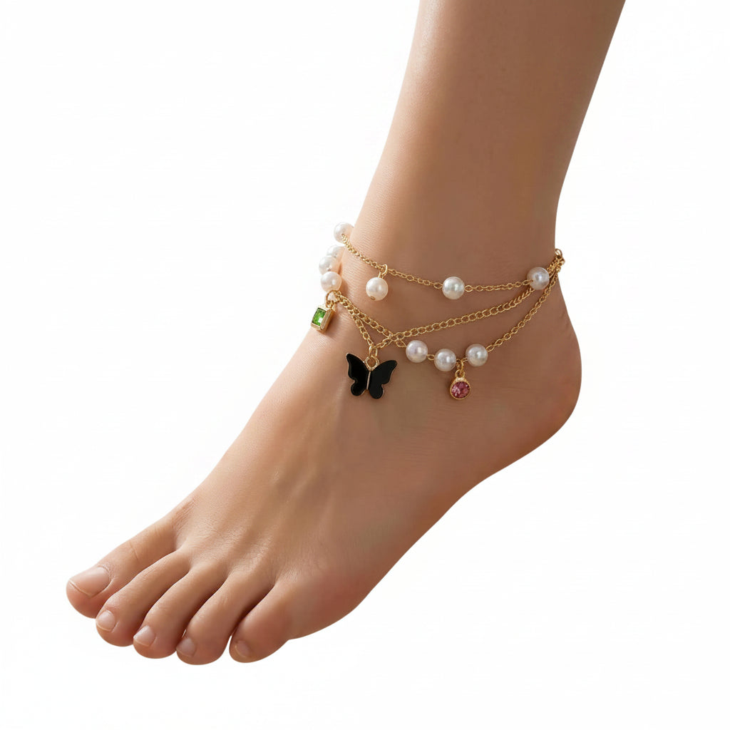 Gold-Toned Layered Pearl Butterfly Anklet