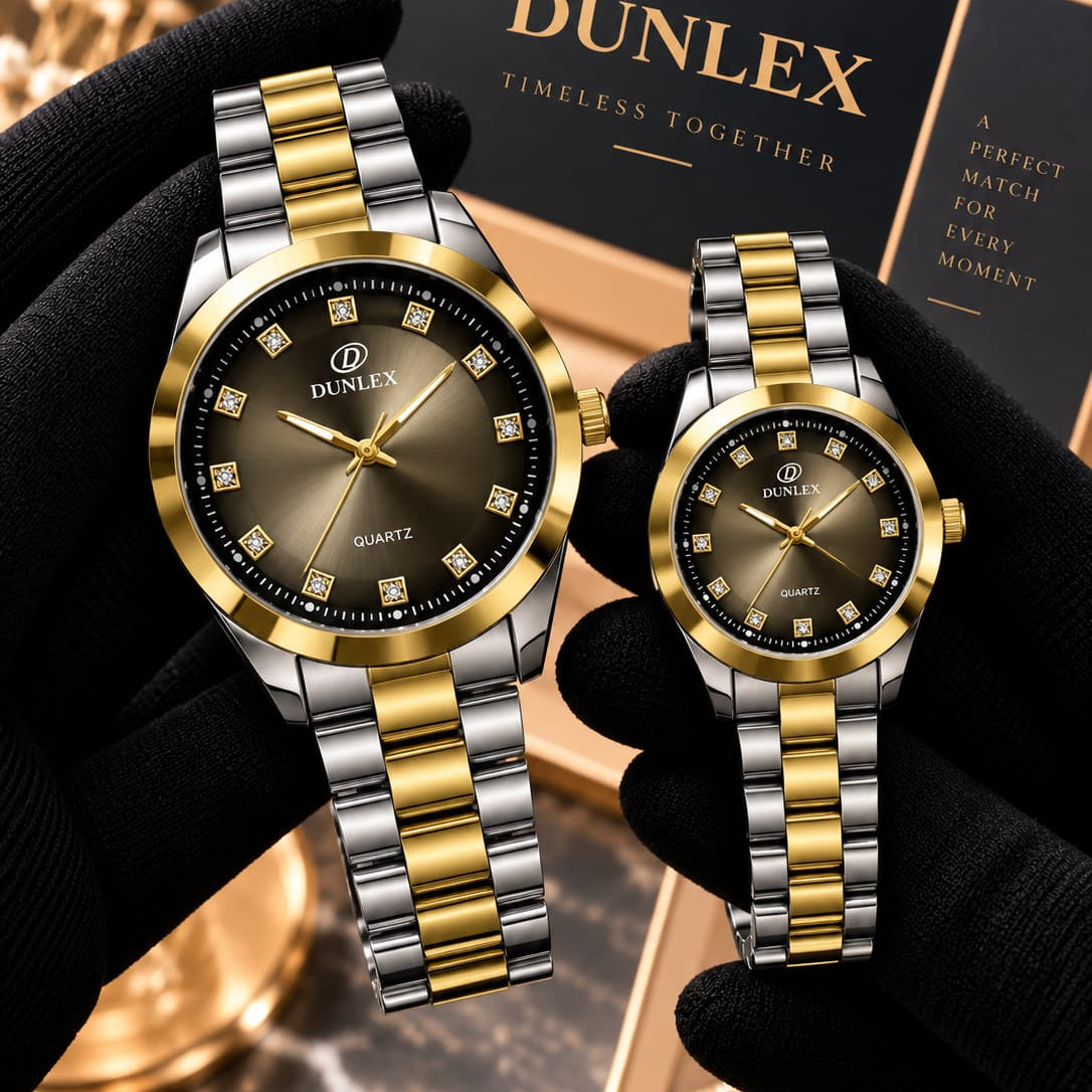 DUNLEX Luxury Couple Watch Pair Set – Brass Case, Steel Chain, Colorful Nugina Dial & Push-Button Lock