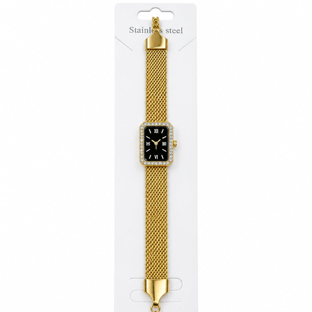 Elegant Rectangular Dial Gold Mesh Bracelet Watch for Women