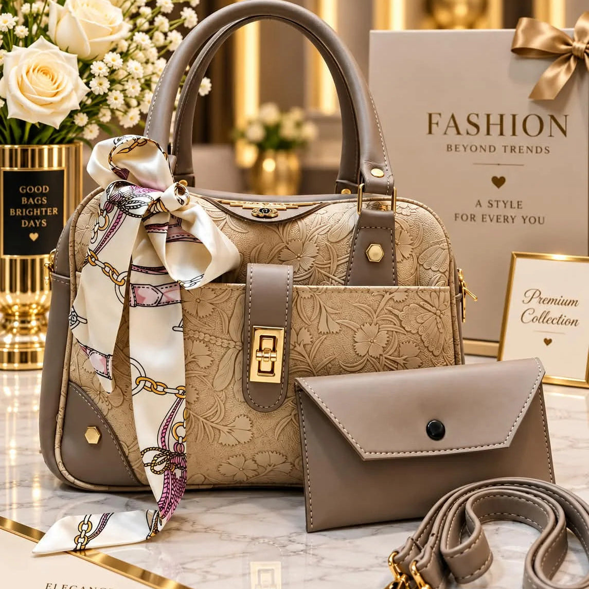 CHENAL Womens Embossed Floral Handbag - 3 Piece Set
