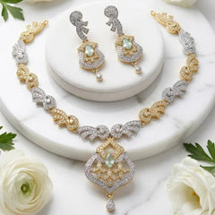 Two-Tone Artificial Zircon Necklace and Earring Set
