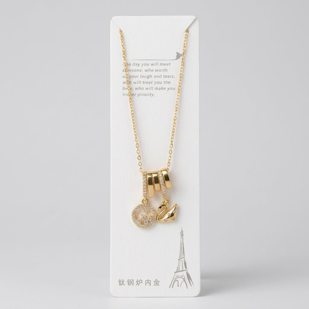  Gold Plated Multi Charm & Swan Pendant Chain Necklace