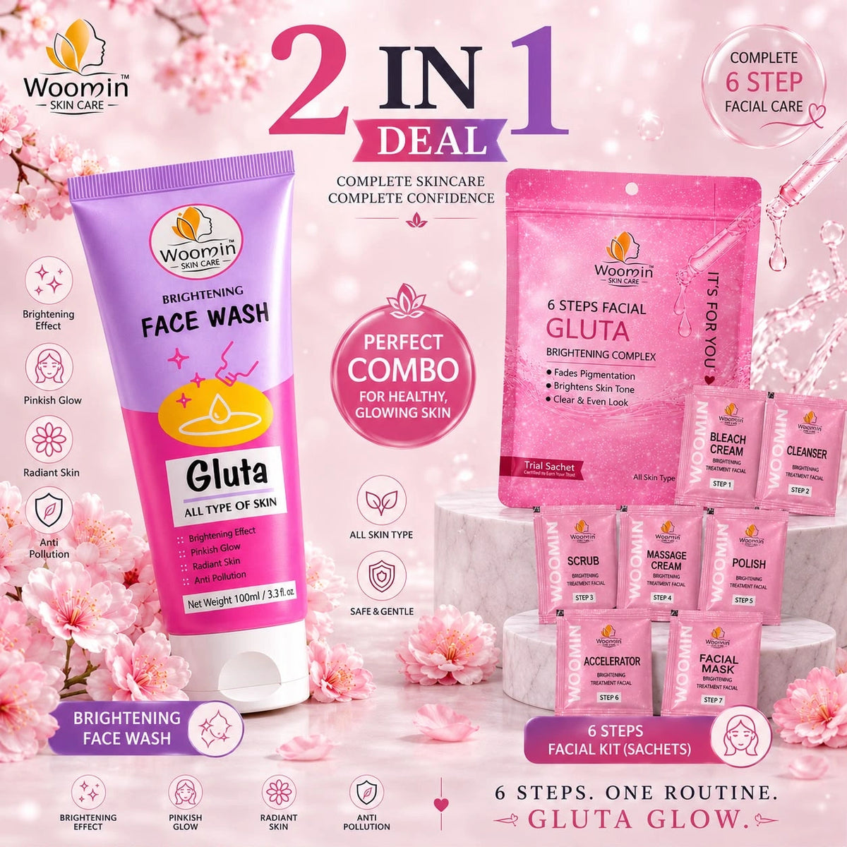 Woomin Skin Care Gluta Glow Face Wash and 6-Step Facial Kit 2-in-1 Deal