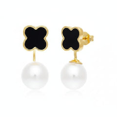 Stainless Steel  Pearly And Black Clover Ear Jackets For Women & Girls - Each Pair