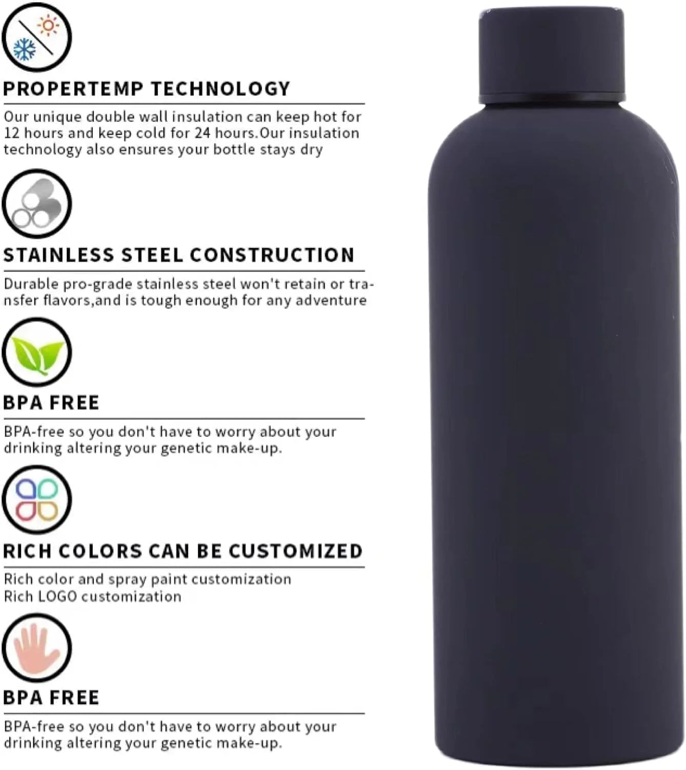 Generic Black Stainless Steel Vacuum Insulated Water Bottl - 500ml