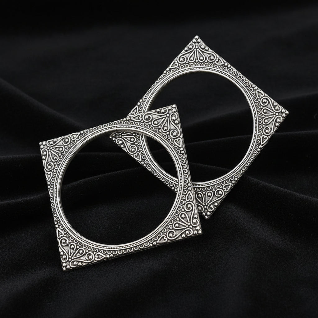 Juhi Square-Design Silver Oxidised Bangles - 2 Pcs Set