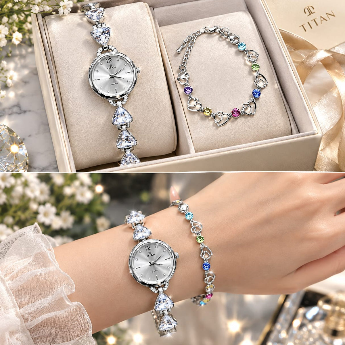 Titan Heart of Elegance Women Quartz Watch and Bracelet Set - With Normal Gift Box