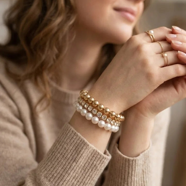 Pearl Crystal & Gold Bead Bracelet Set