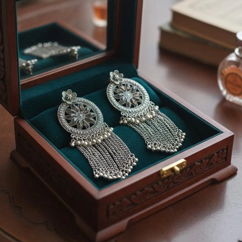 Floral Pattern Ethnic Design Oxidized Silver Jhumka