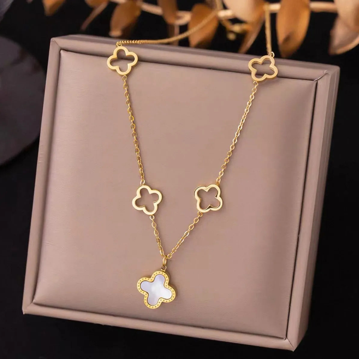 Gold-Plated Stainless Steel Four-Leaf Clover Necklace With Shell Pendant
