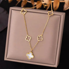 Gold-Plated Stainless Steel Four-Leaf Clover Necklace With Shell Pendant