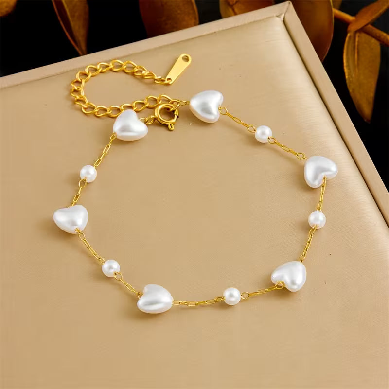 Stainless Steel Heart-Shaped Imitation Pearl Bracelet - Each