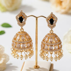Elegant Gold-Plated Jhumka Earrings with White Zircon & Pearl Drops
