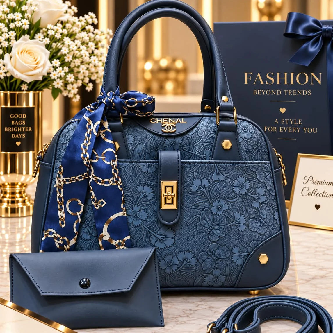 CHENAL Womens Embossed Floral Handbag - 3 Piece Set