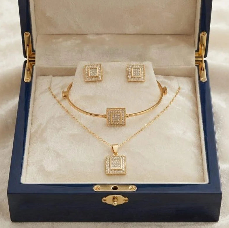 Gold Square Crystal Necklace Bangle and Earrings Jewelry Set