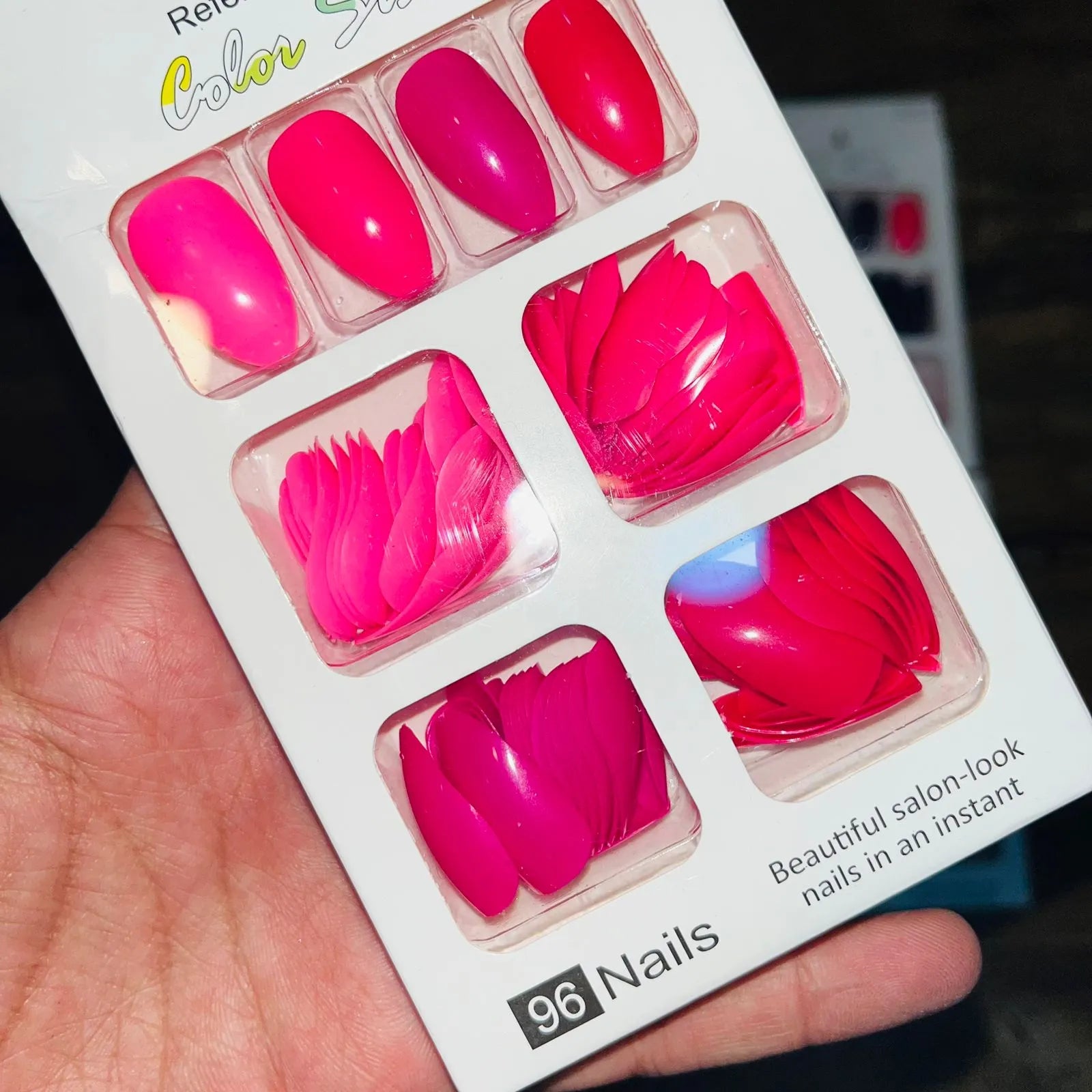 Color Sister Salon Look Artifical Nails With Free Stickers (96Pcs 4 Color in One Pack)