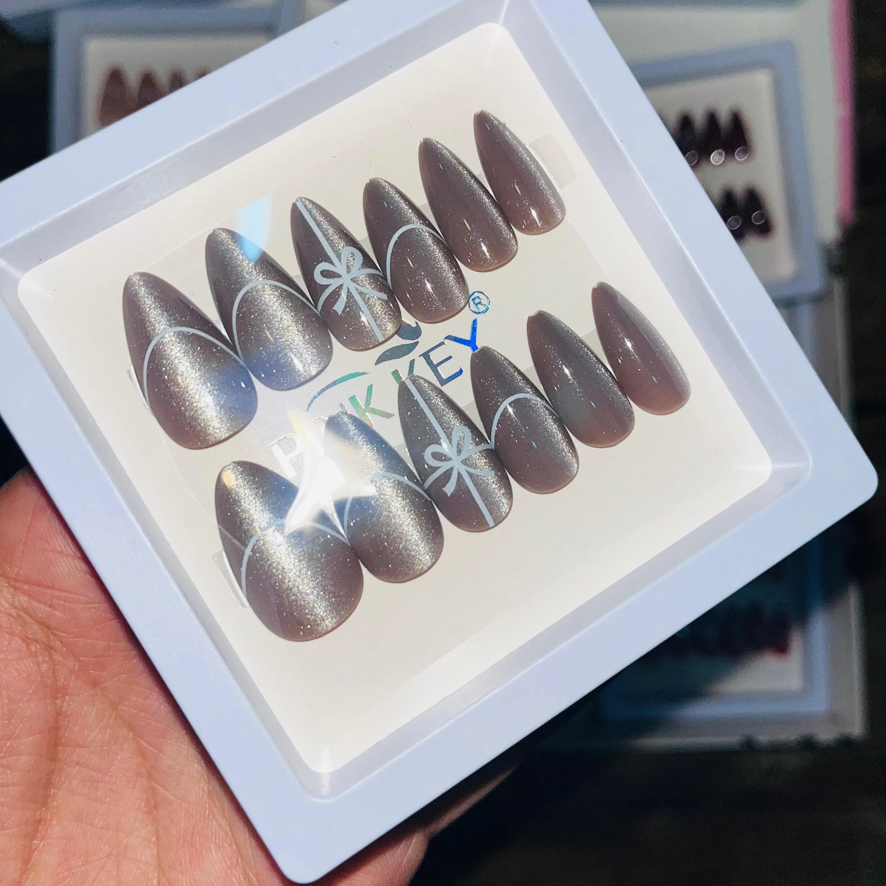 Pink key Stylish Cute Bow Salon Look Artifical Nails With Free Stickers (12 Pcs)