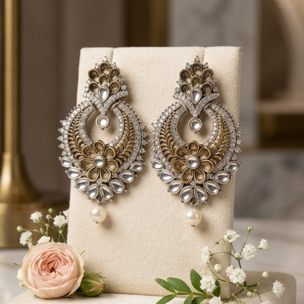 Heritage Floral Chandbali Earrings - Antique Gold