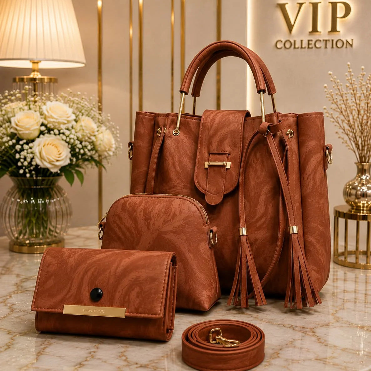 VIP Collection Brown 3-Piece Handbag Set