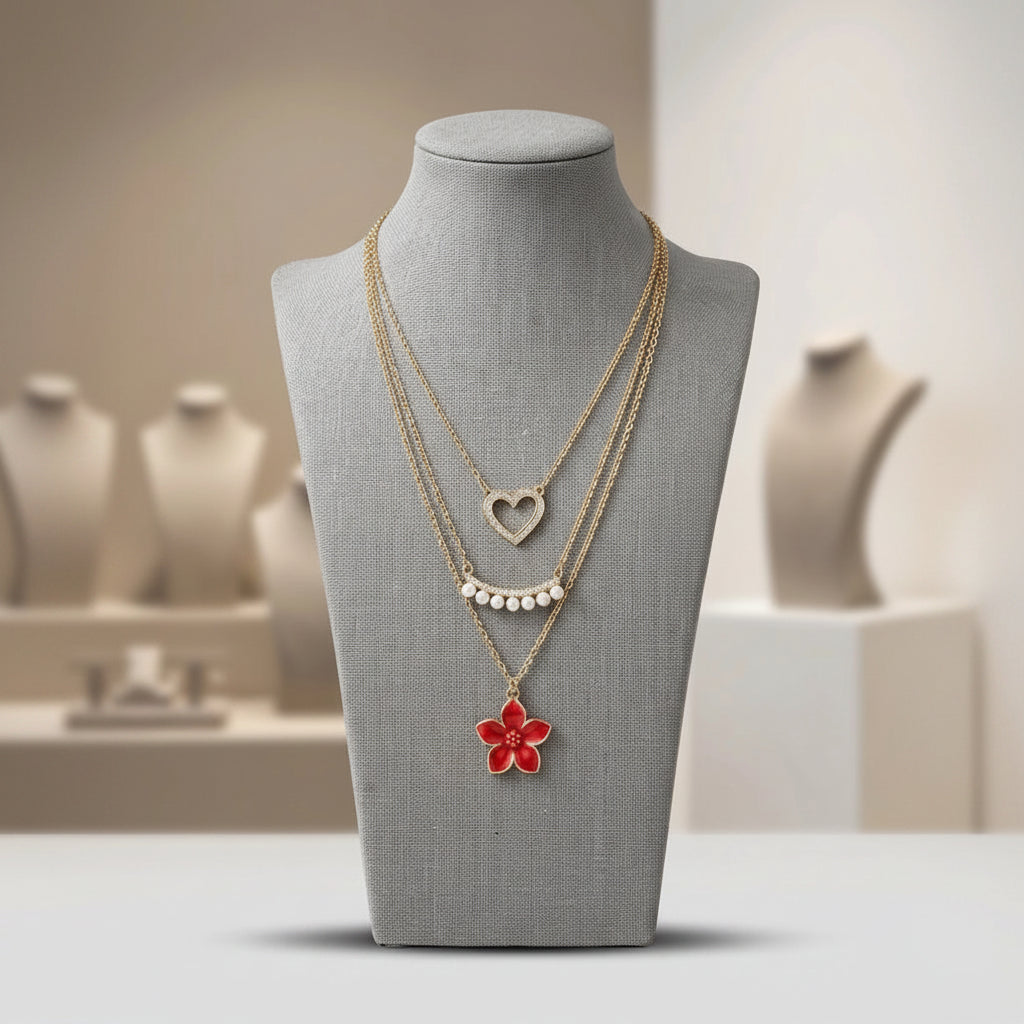 Gold-Toned Multi-Layered Heart & Floral Pendant Necklace