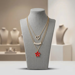 Gold-Toned Multi-Layered Heart & Floral Pendant Necklace