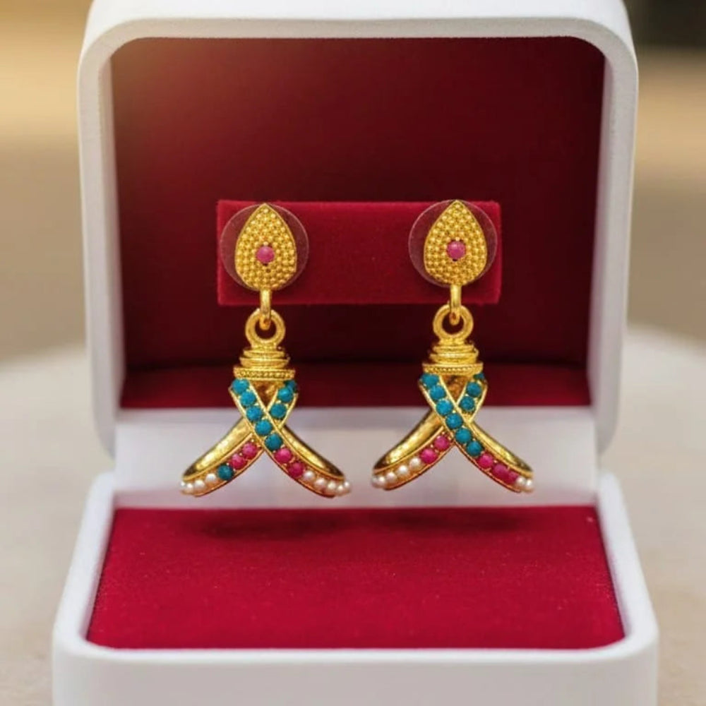 Traditional Drop Earrings with Turquoise & Pink Stones