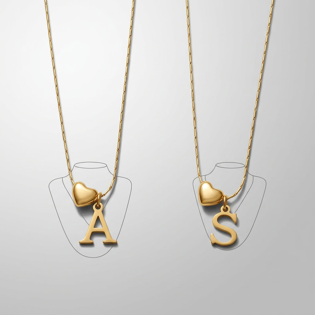 Puffy Heart & Initial Charm Pendant Chain Necklace