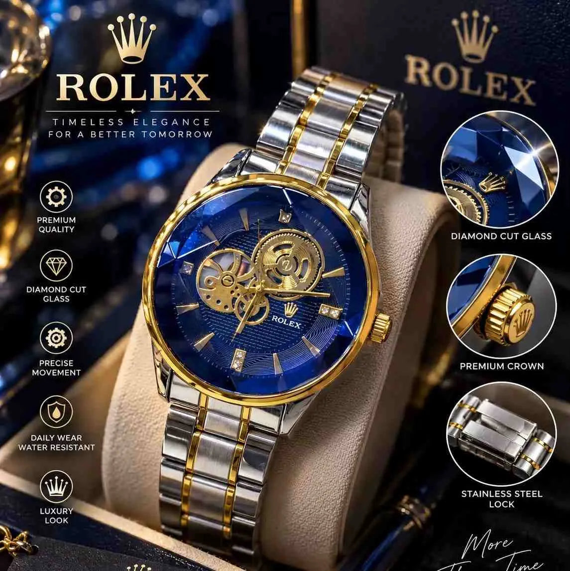 Rolex-style two-tone automatic skeleton men's watch