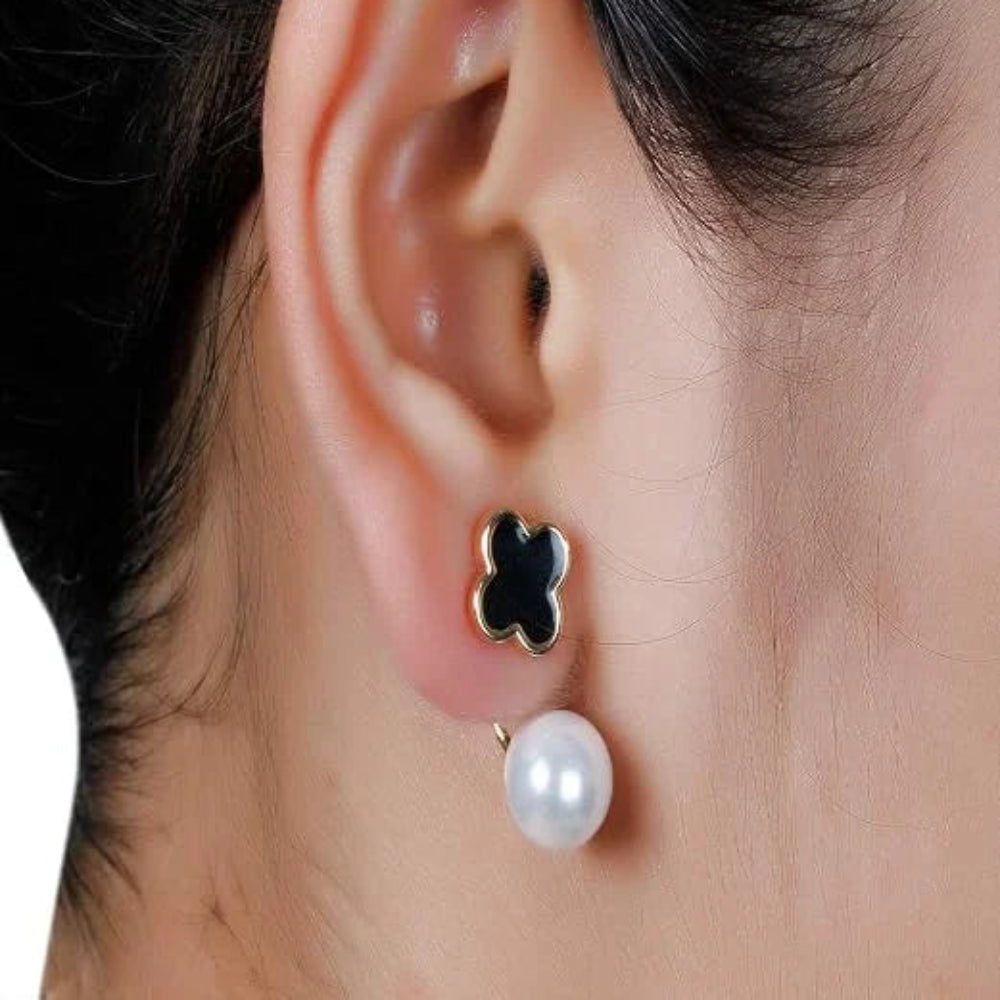 Stainless Steel  Pearly And Black Clover Ear Jackets For Women & Girls - Each Pair