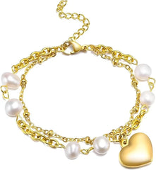 stainless steel charming double rope pearl bracelets with beautiful heart - Each