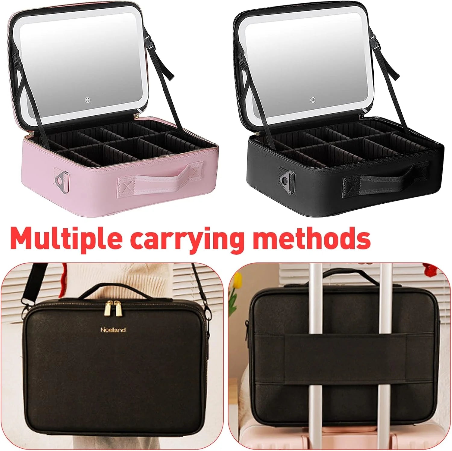 portable Makeup Bag with Adjustable Dividers, Waterproof PU Leather Makeup Case