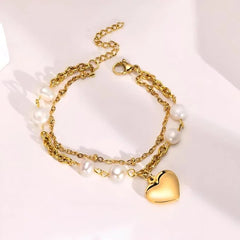 stainless steel charming double rope pearl bracelets with beautiful heart - Each