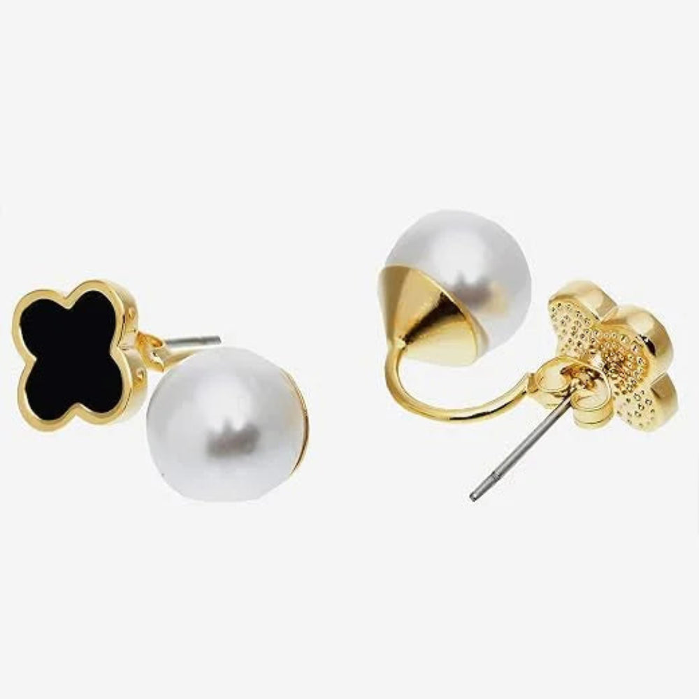 Stainless Steel  Pearly And Black Clover Ear Jackets For Women & Girls - Each Pair