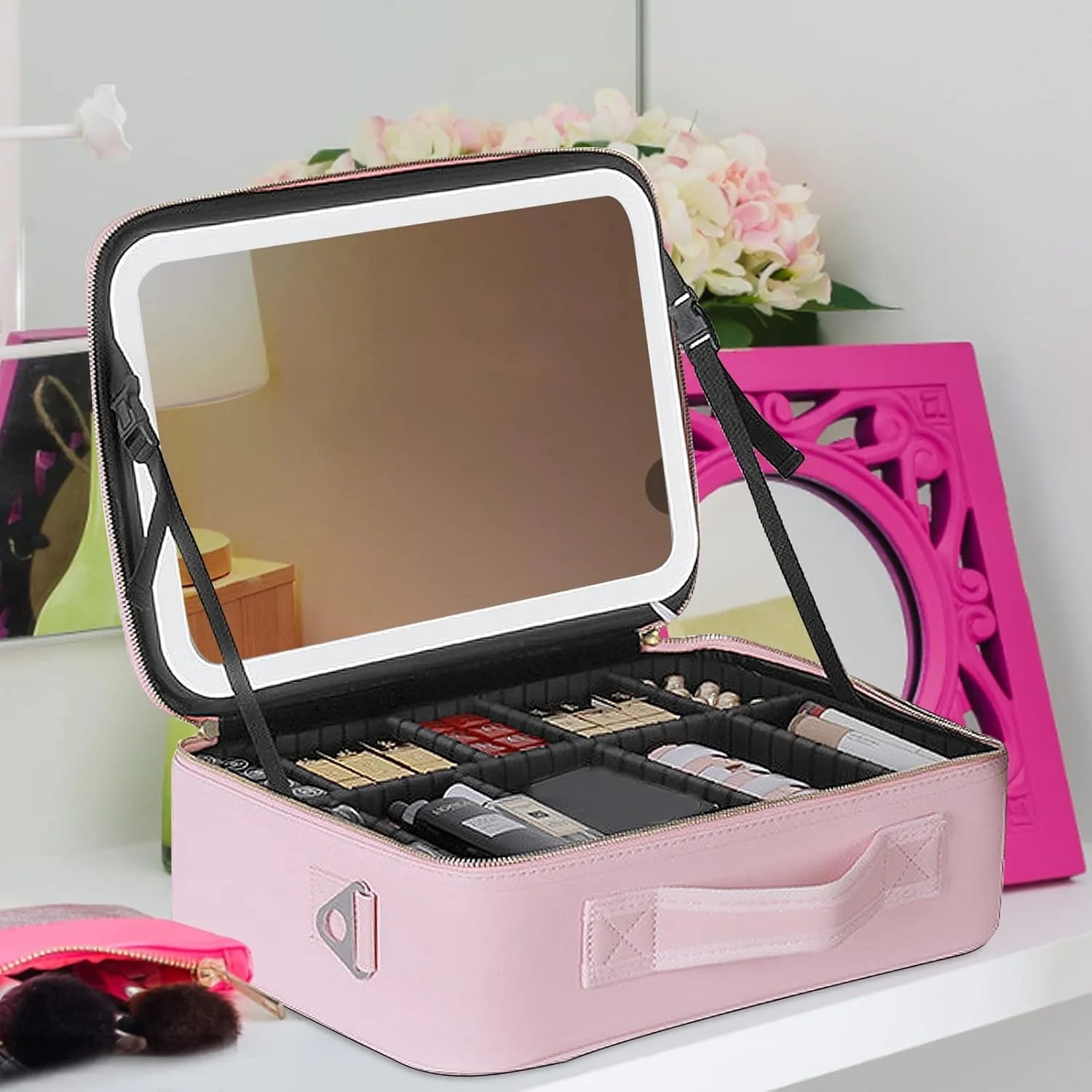 portable Makeup Bag with Adjustable Dividers, Waterproof PU Leather Makeup Case