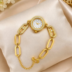 Gold Plated Rhinestone Oval Chain Bracelet Watch