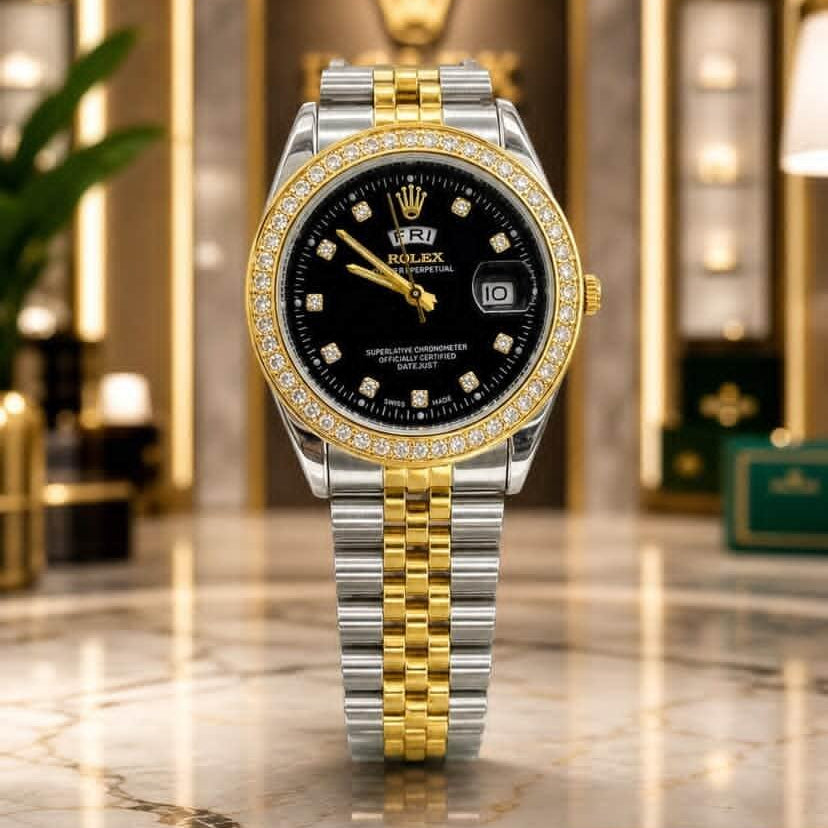 Rolex Men's Luxury Watch – Stainless Steel Chain, Stone Dial & Working Day-Date Display