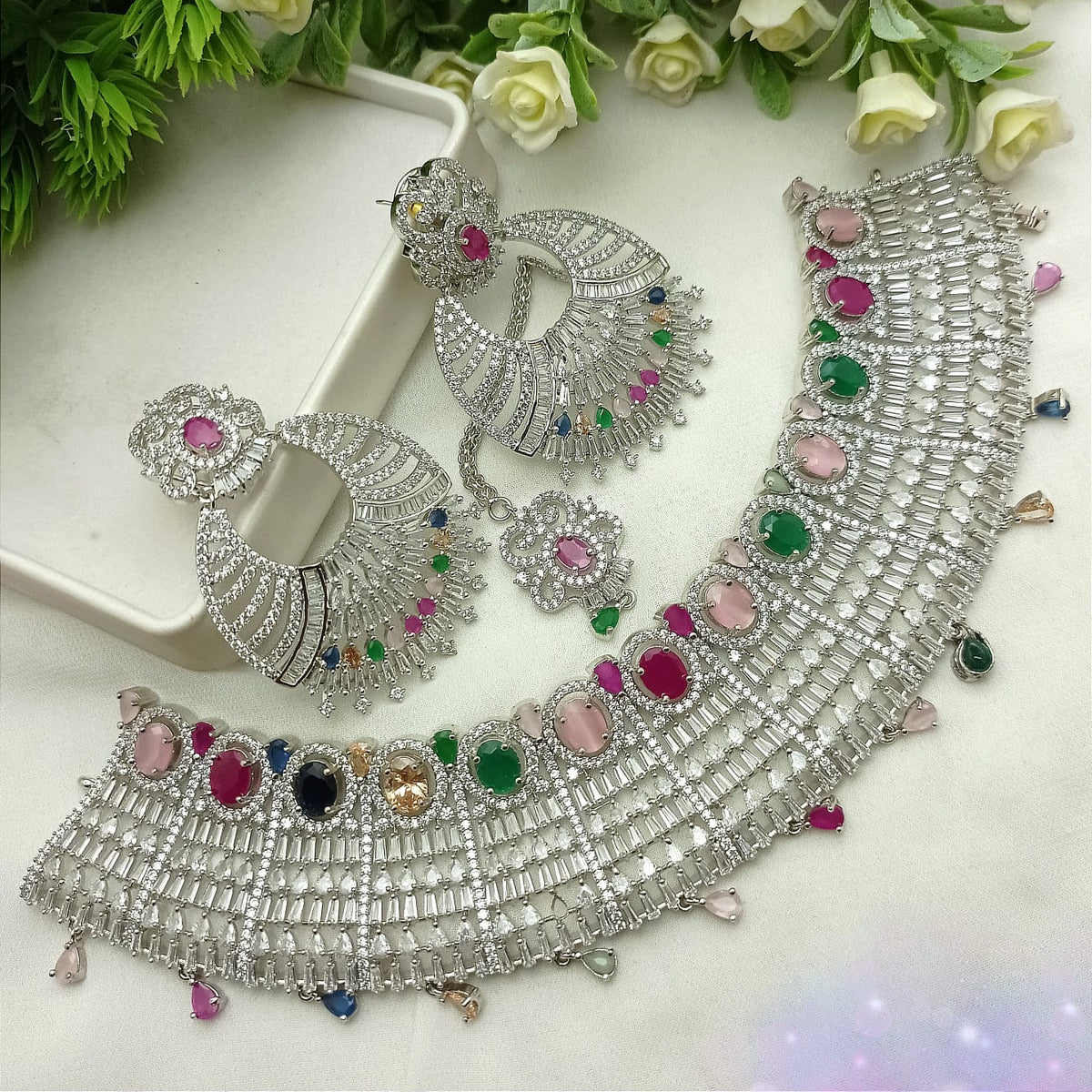 Silver Malti Necklace set
