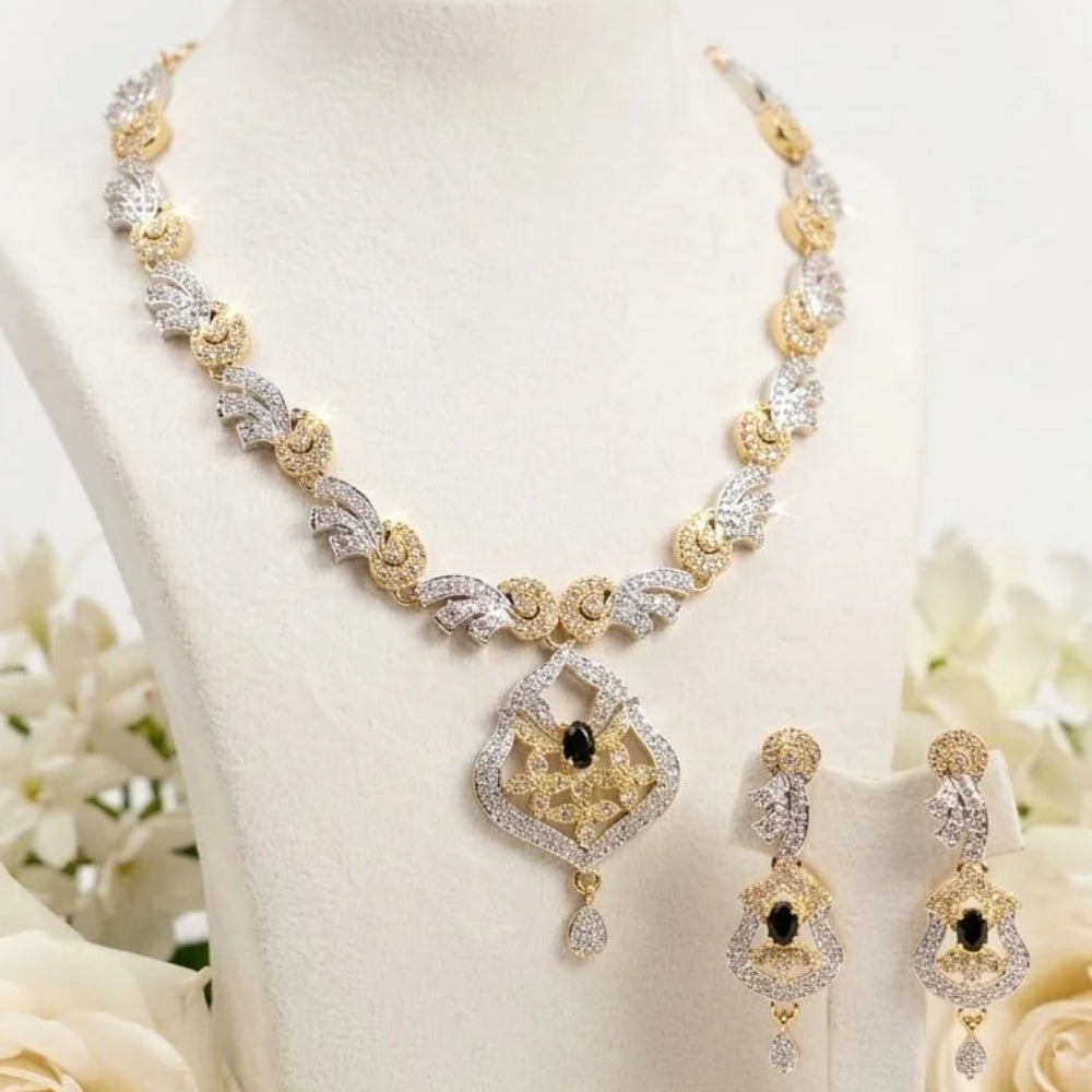 Two-Tone Artificial Zircon Necklace and Earring Set