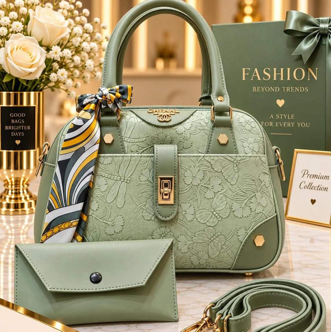 CHENAL Womens Embossed Floral Handbag - 3 Piece Set