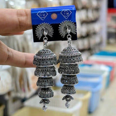 Oxidized Silver Multi Tier Peacock Jhumkas