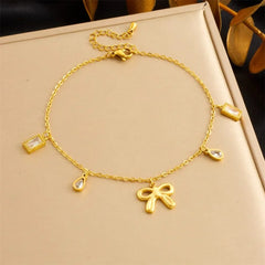 Gold Bow Charm Anklet with Crystal Dangles