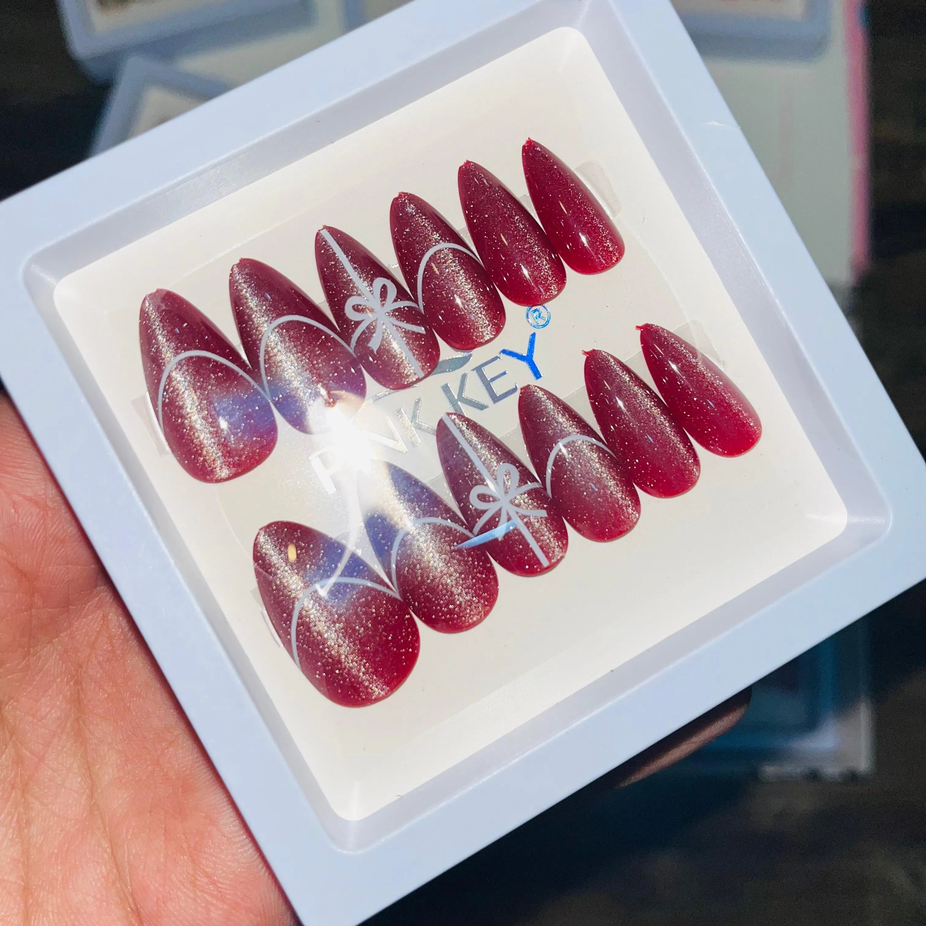 Pink key Stylish Cute Bow Salon Look Artifical Nails With Free Stickers (12 Pcs)