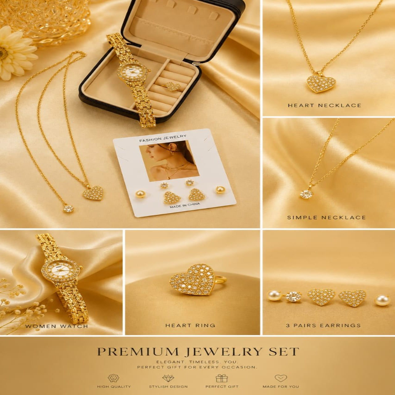 Ladies Gift Set Collection – Fancy Zircon Digital Watch & Trending Heart Jewelry Combo